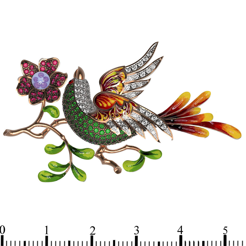 Брошь из красного золота 585 пробы c эмалью и фианитом