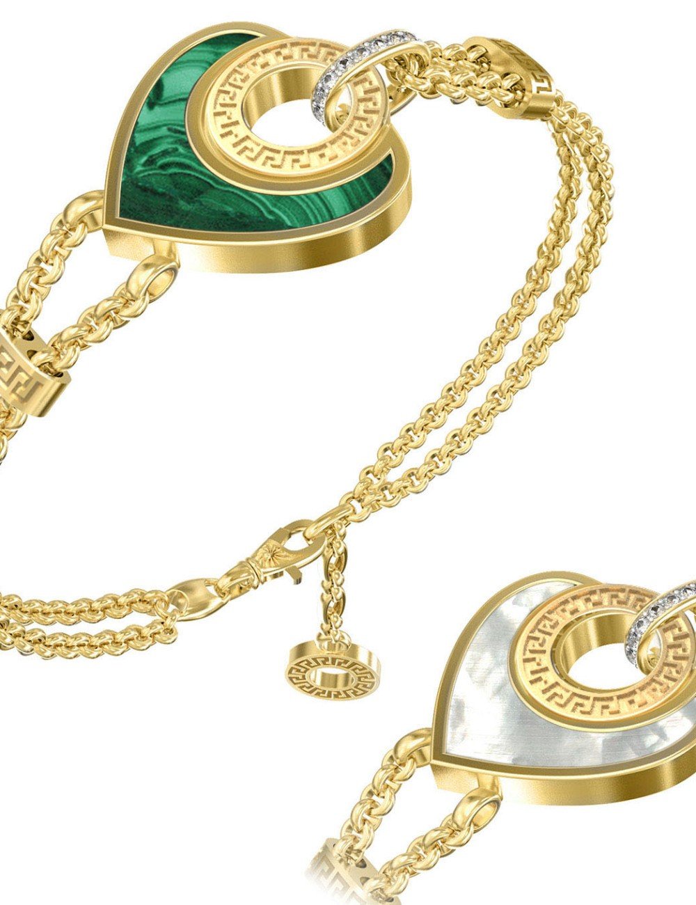 Браслет из лимонного золота c фианитом, малахитом и перламутром