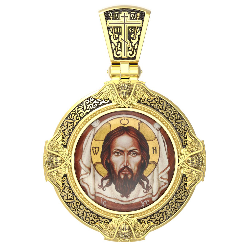 Нательная икона из лимонного золота 585 пробы c эмалью, иконописью и темперой