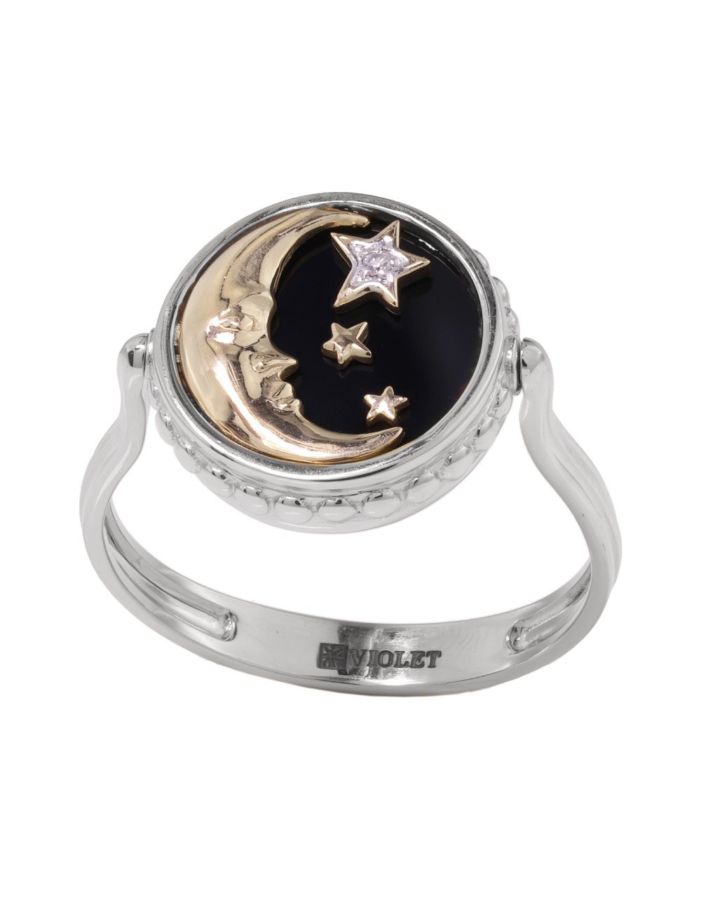 Кольцо из белого золота c бриллиантами, ониксом и перламутром