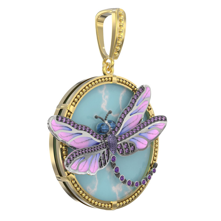 Подвеска из лимонного золота 585 пробы c бирюзой, аметистом и эмалью