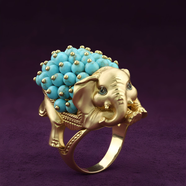 Кольцо из лимонного золота 585 пробы c эмалью и бирюзой