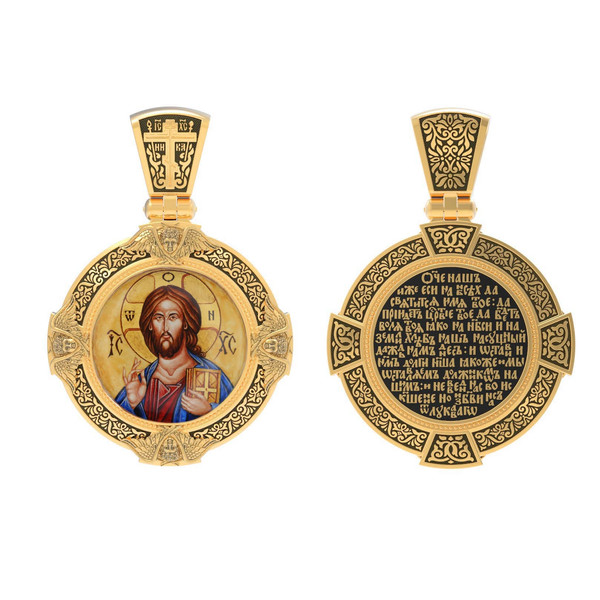 Нательная икона из лимонного золота 585 пробы c эмалью, иконописью и темперой