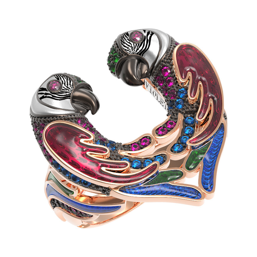 Кольцо из красного золота 585 пробы c эмалью и фианитом