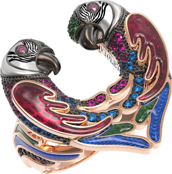 Кольцо из красного золота 585 пробы c эмалью и фианитом