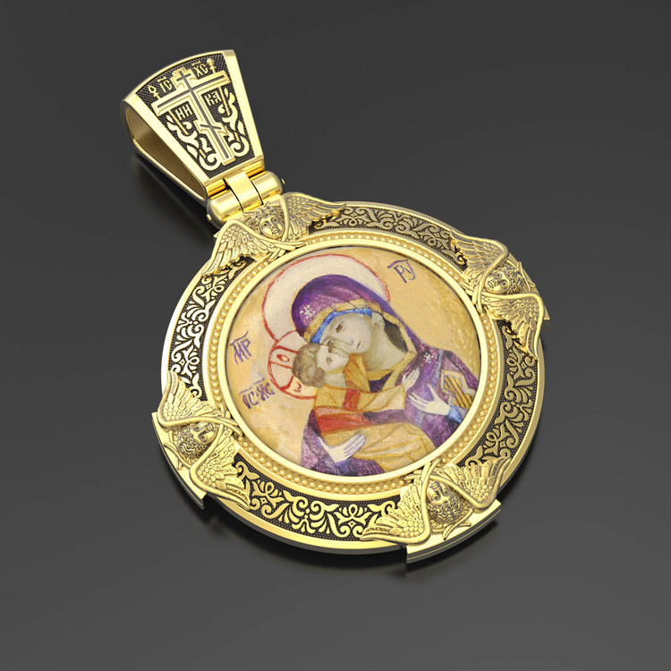 Нательная икона из лимонного золота 585 пробы c эмалью, иконописью и темперой