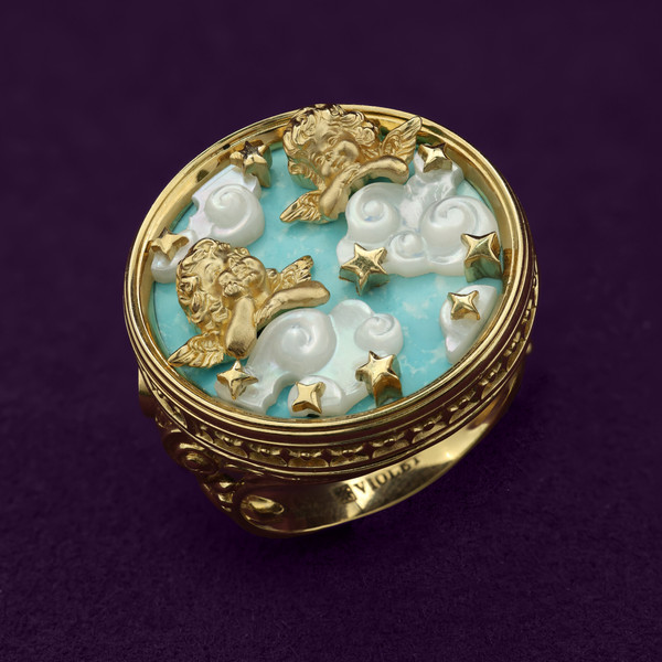 Кольцо из лимонного золота 585 пробы c бирюзой и перламутром