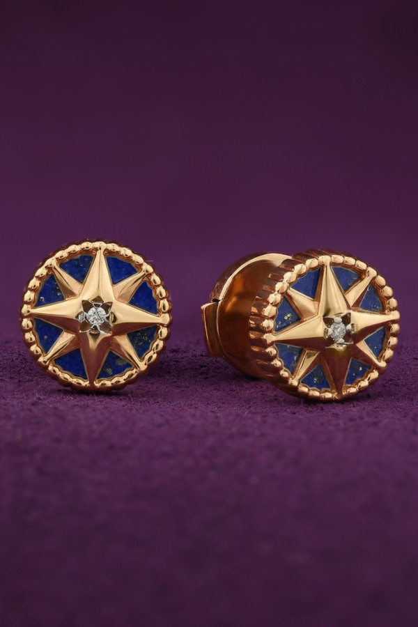 Серьги из красного золота 585 пробы c бриллиантами и лазуритом