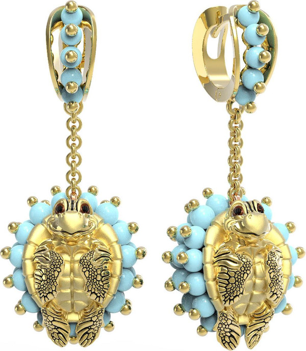 Серьги из лимонного золота 585 пробы c эмалью и бирюзой