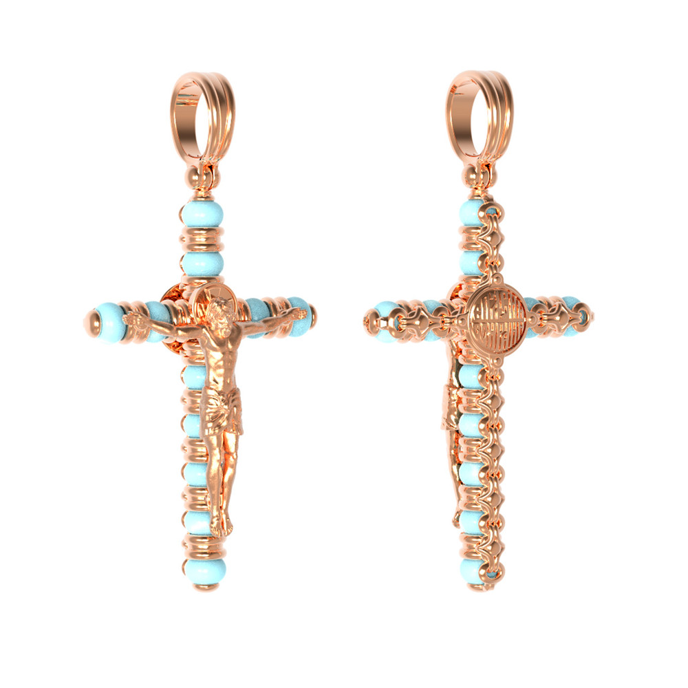 Крест из красного золота 585 пробы c бирюзой