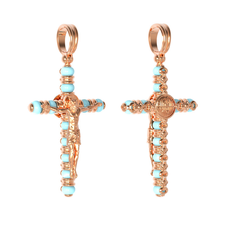 Крест из красного золота 585 пробы c бирюзой