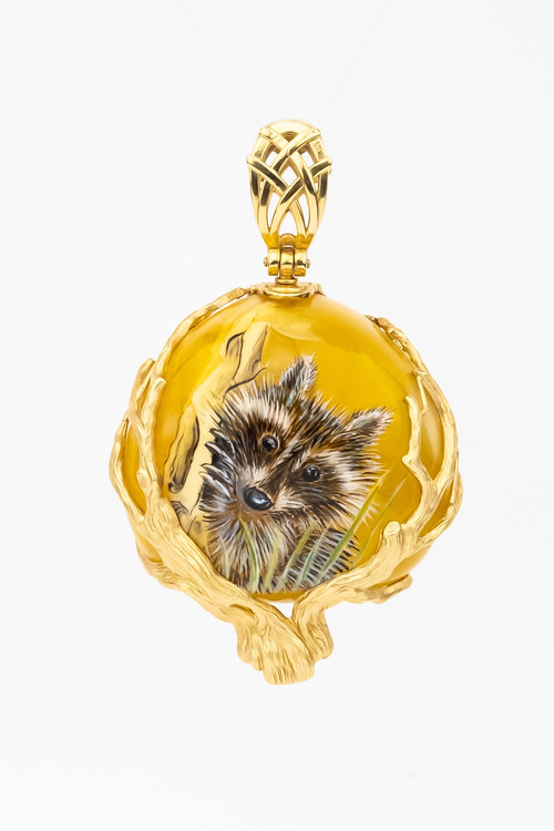 Подвеска из лимонного золота 585 пробы c росписным янтарём