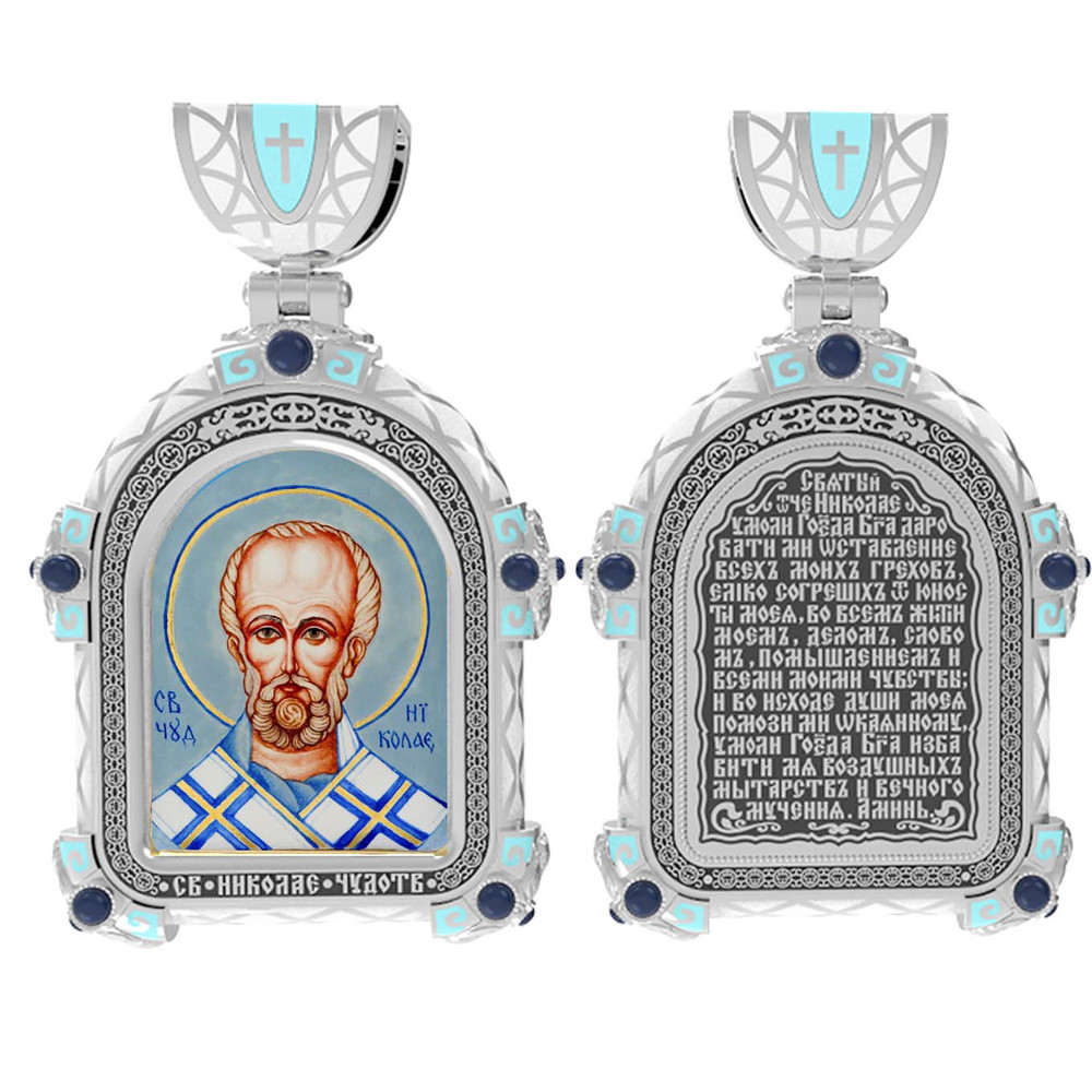 Нательная икона из белого золота 585 пробы c эмалью, иконописью и темперой