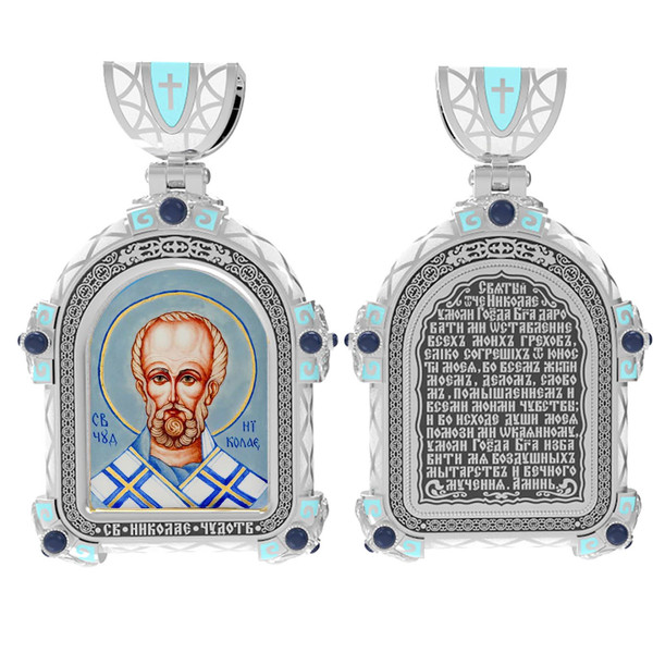 Нательная икона из белого золота 585 пробы c эмалью, иконописью и темперой
