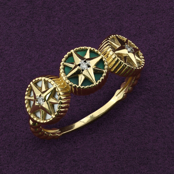 Кольцо из лимонного золота 585 пробы c бриллиантами, малахитом и перламутром