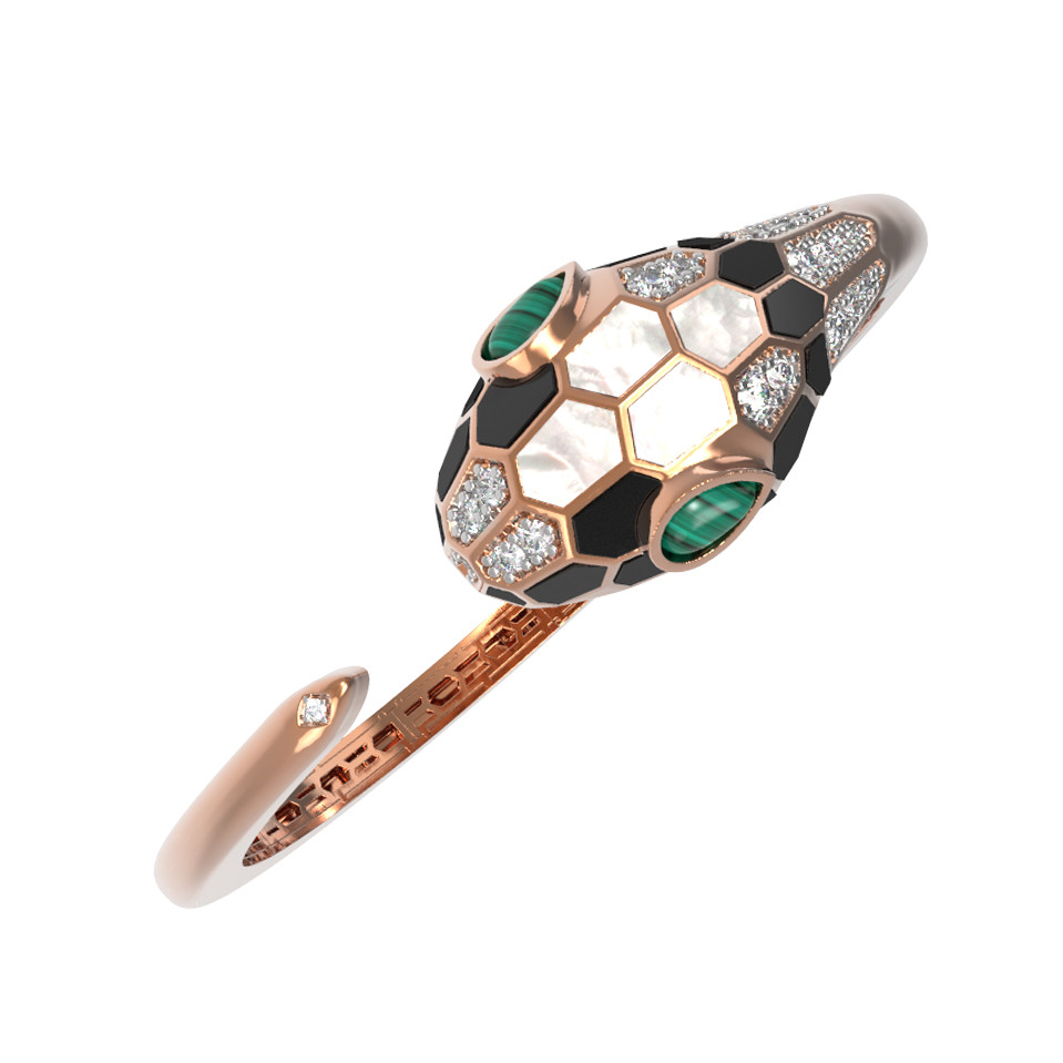 Браслет из красного золота 585 пробы c бриллиантами, рубином, ониксом, малахитом и перламутром