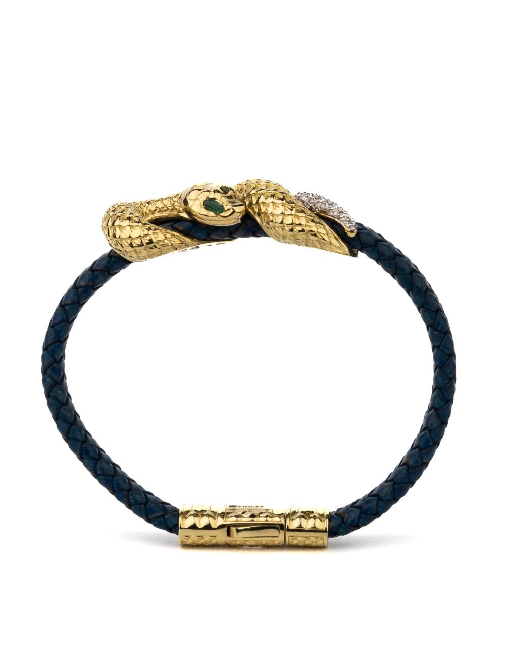 Браслет из лимонного золота c бриллиантами, изумрудом и кожаным шнурком
