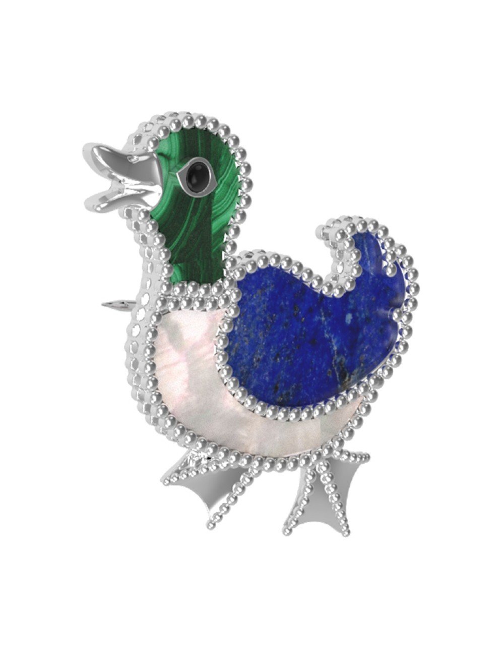 Брошь из белого золота c эмалью, лазуритом, малахитом и перламутром