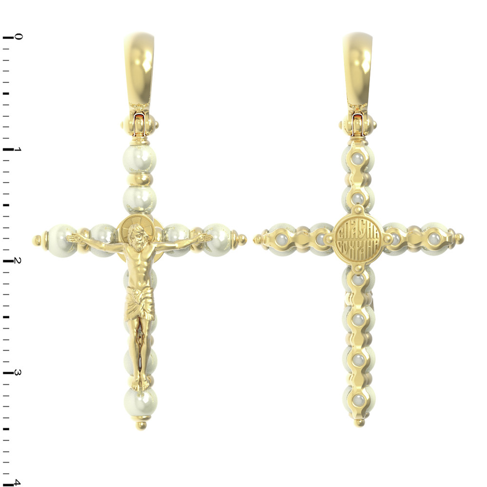 Крест из лимонного золота 585 пробы c жемчугом