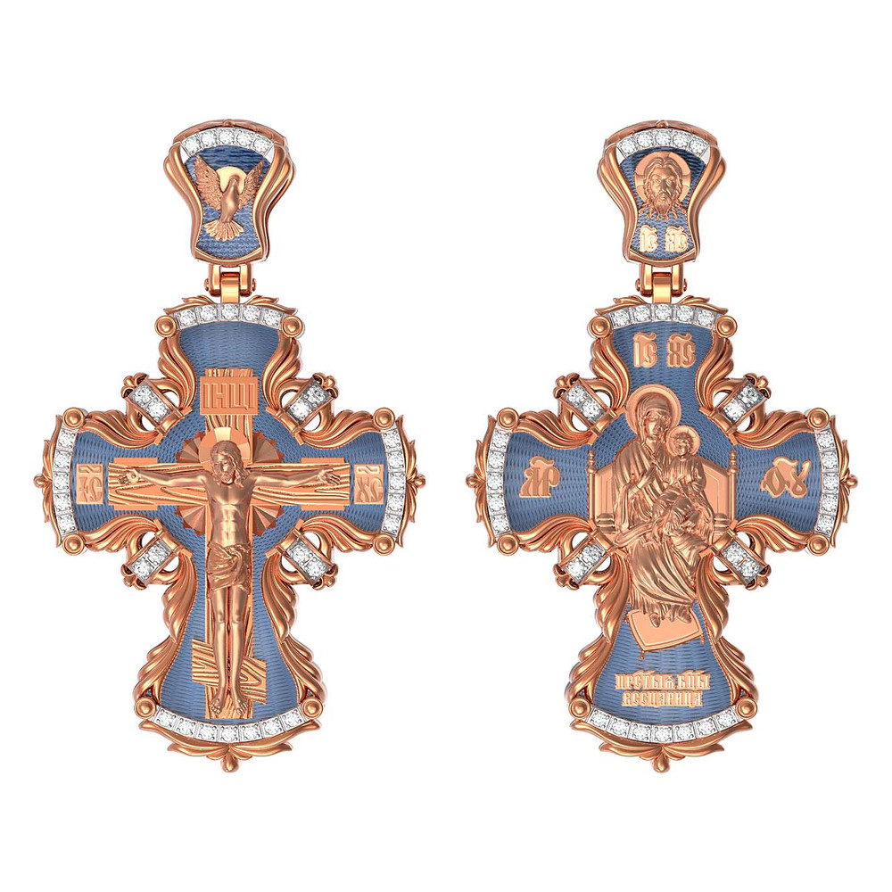 Крест из красного золота 585 пробы c эмалью и бриллиантами