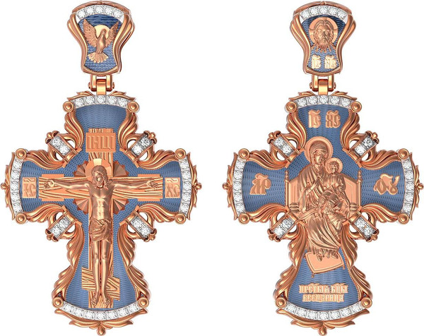 Крест из красного золота 585 пробы c эмалью и бриллиантами