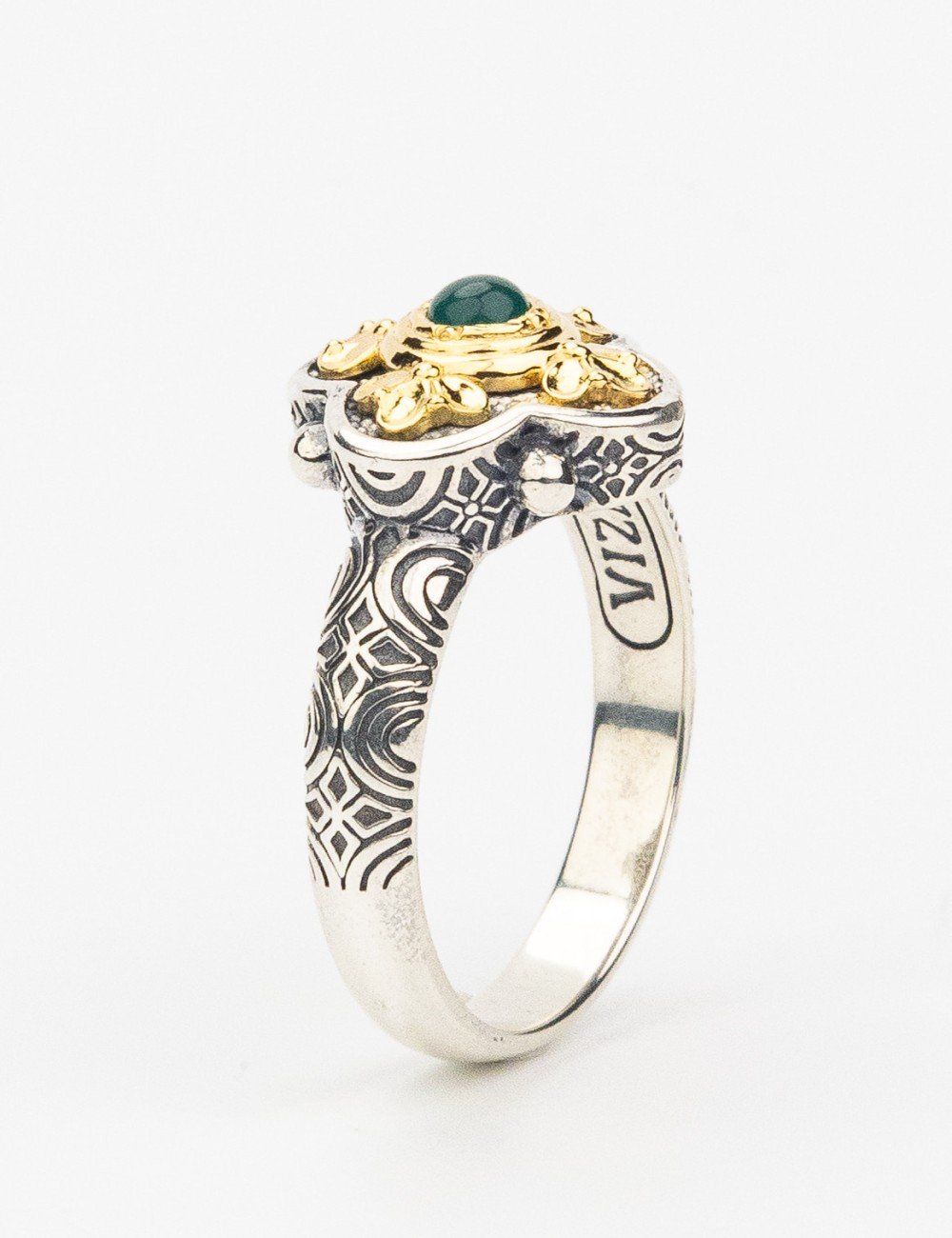 Кольцо из серебра и золота c хризопразом и рубином