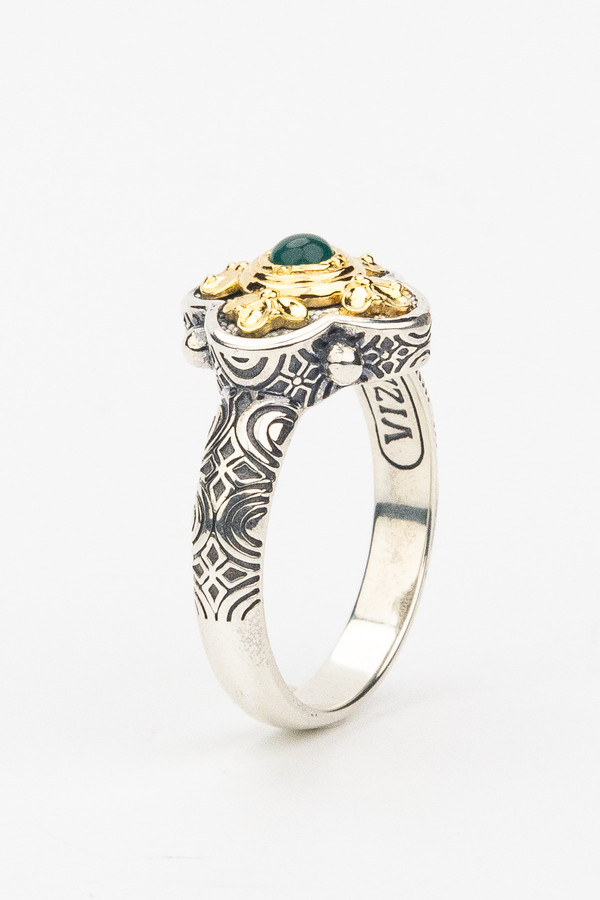 Кольцо из серебра 925 пробы и золота 750 пробы c хризопразом и рубином