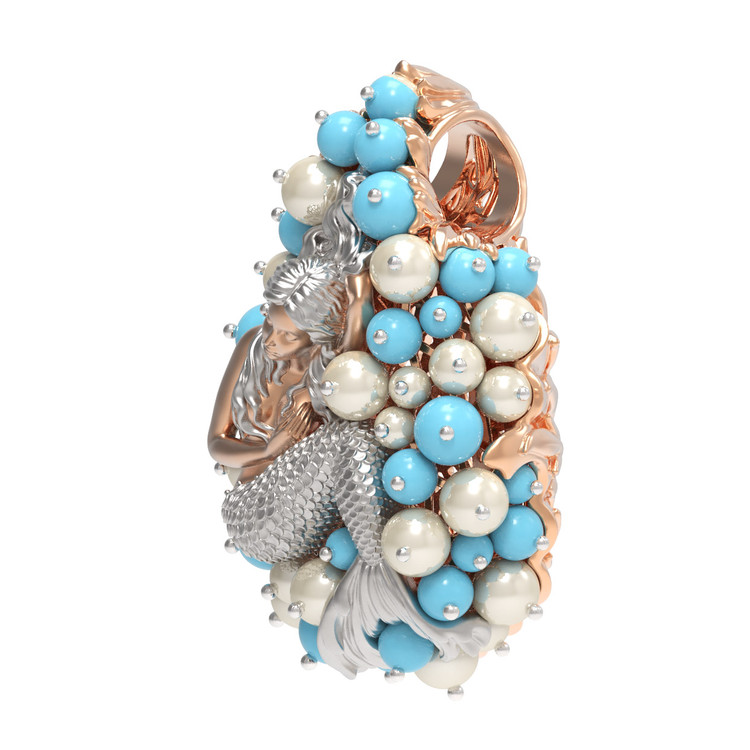 Подвеска из красного золота 585 пробы c жемчугом и бирюзой