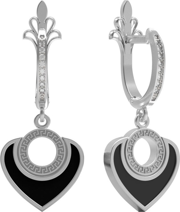 Серьги из белого золота 585 пробы c фианитом и ониксом