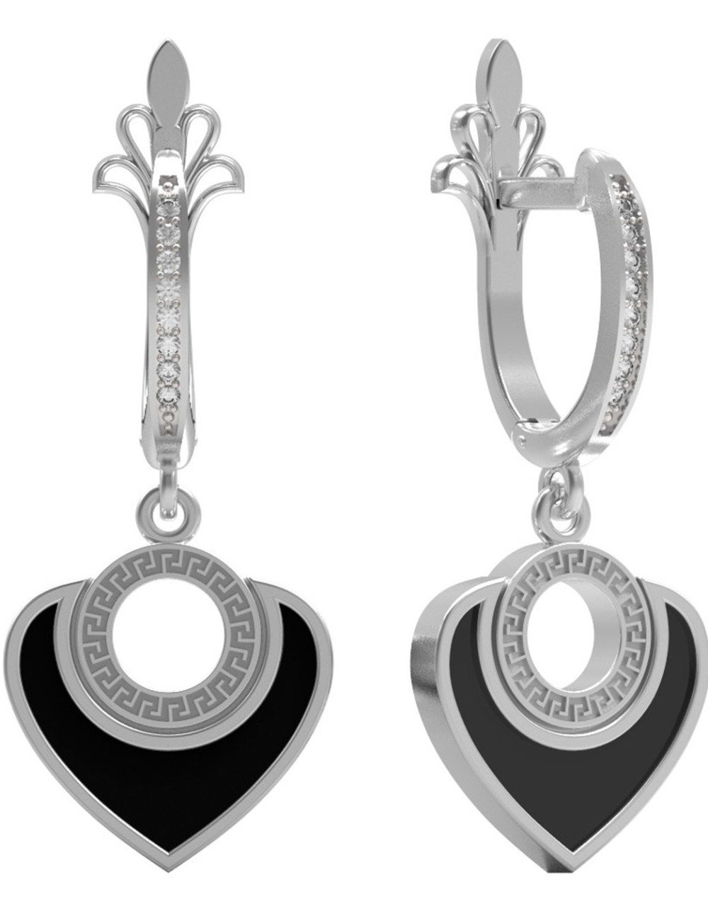 Серьги из белого золота c фианитом и ониксом