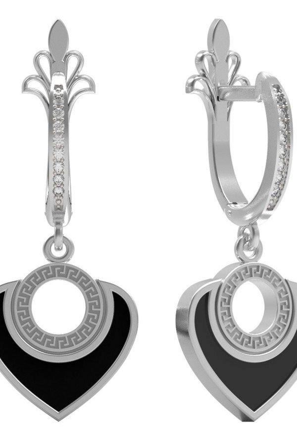 Серьги из белого золота c фианитом и ониксом