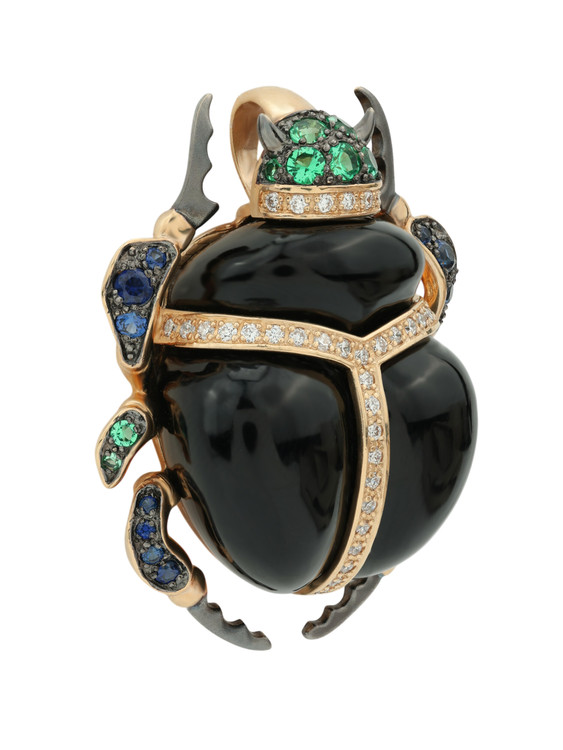 Подвеска из красного золота 585 пробы c бриллиантами, сапфиром, изумрудом и ониксом