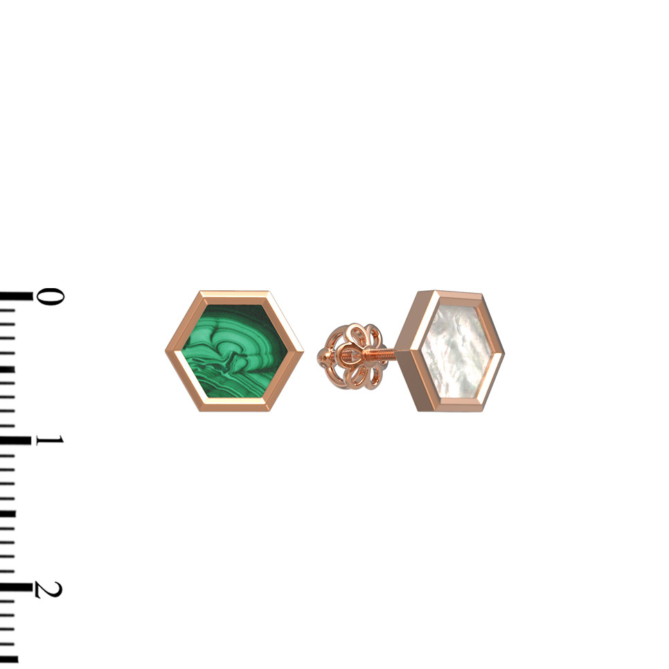 Серьги из красного золота 585 пробы c малахитом и перламутром