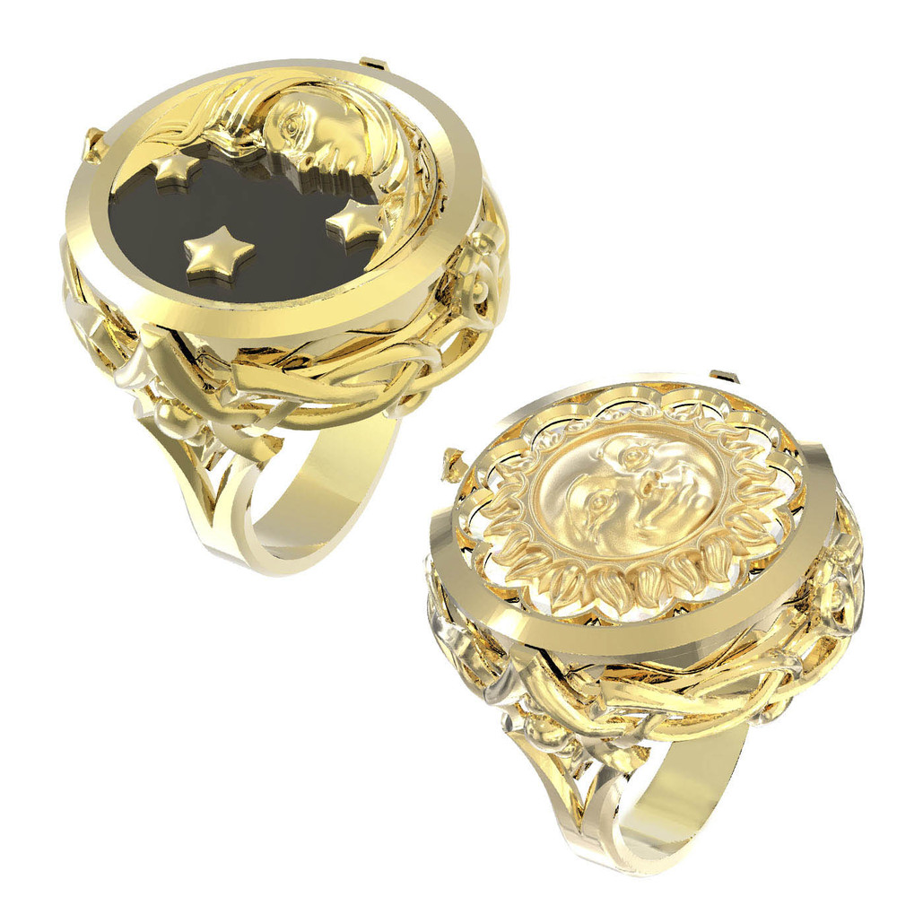 Кольцо из лимонного золота 585 пробы c ониксом и перламутром