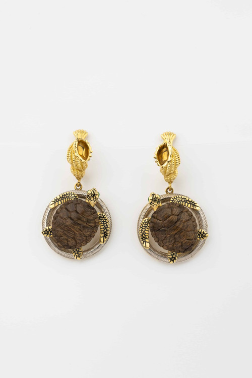 Серьги из лимонного золота 585 пробы c эмалью и железным деревом