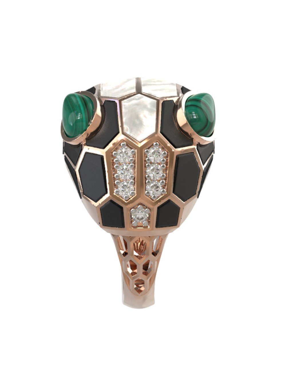 Кольцо из золота c бриллиантами, рубином, ониксом, малахитом и перламутром