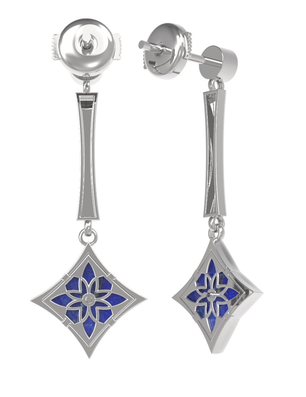 Серьги из белого золота c фианитом и лазуритом