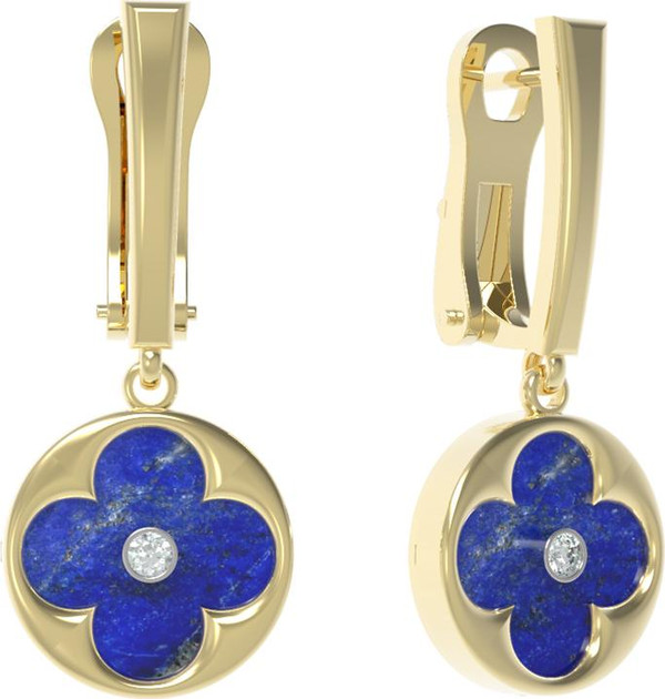 Серьги из лимонного золота 585 пробы c бриллиантами и лазуритом