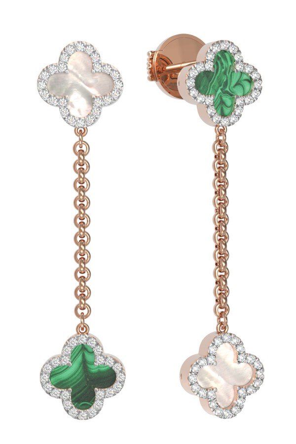 Серьги из золота c бриллиантами, малахитом и перламутром