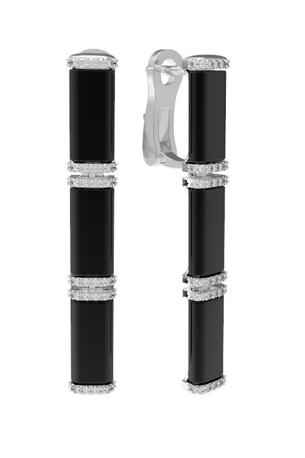 Серьги из белого золота c бриллиантами и ониксом