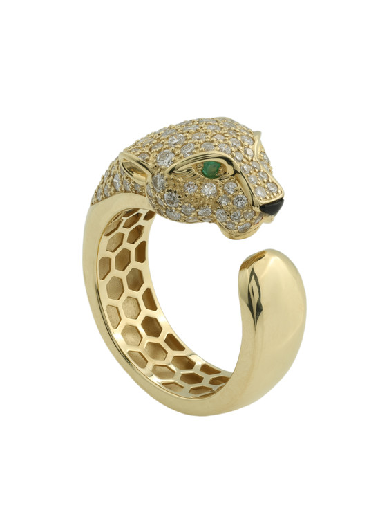 Кольцо из лимонного золота 585 пробы c бриллиантами, изумрудом и ониксом