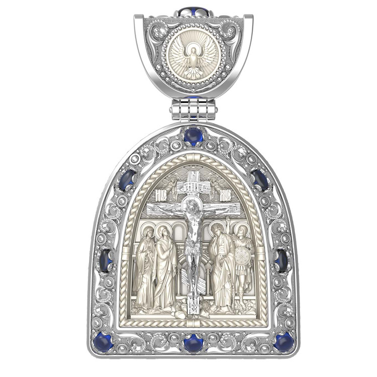 Нательная икона из белого золота 585 пробы c эмалью, сапфиром и бивнем мамонта