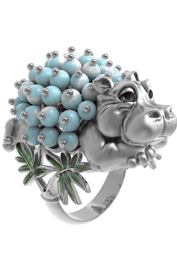 Кольцо из белого золота c эмалью и бирюзой