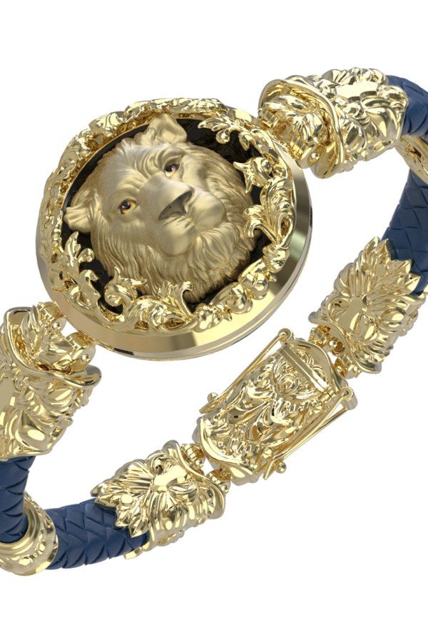 Браслет из лимонного золота c эмалью, кожаным шнурком и ониксом