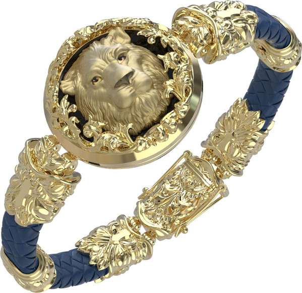 Браслет из лимонного золота 585 пробы c эмалью, кожаным шнурком и ониксом