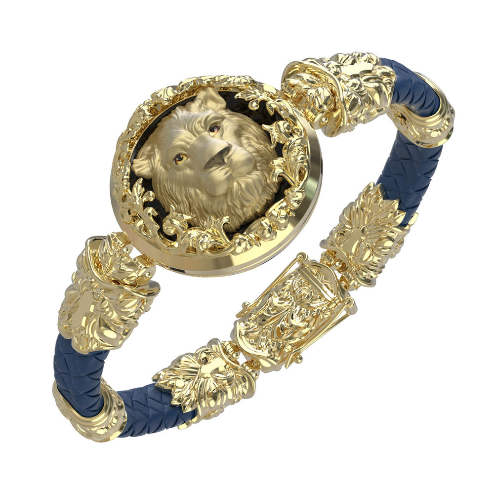 Браслет из лимонного золота 585 пробы c эмалью, кожаным шнурком и ониксом