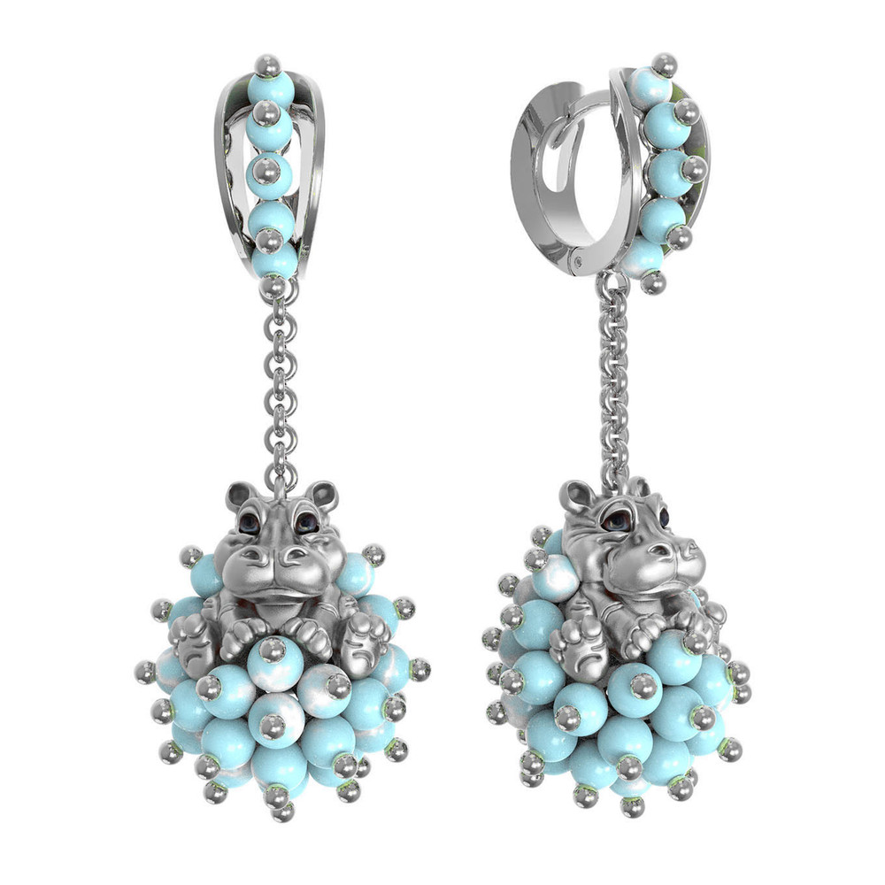 Серьги из белого золота 585 пробы c эмалью и бирюзой