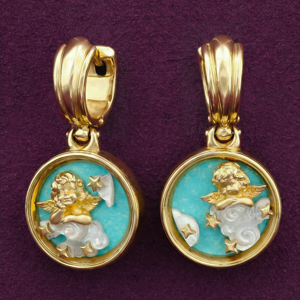 Серьги из лимонного золота 585 пробы c бирюзой и перламутром