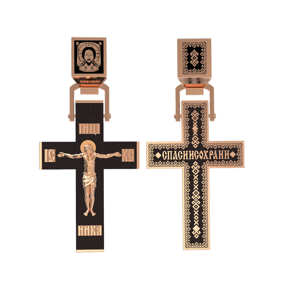 Крест из красного золота 585 пробы c эмалью и эбеновым деревом