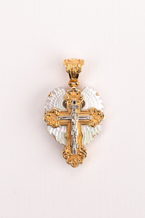Крест из красного золота 585 пробы c перламутром